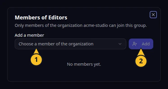 Membres d’un groupe : 1, Ajouter un membre ; 2, Ajouter.