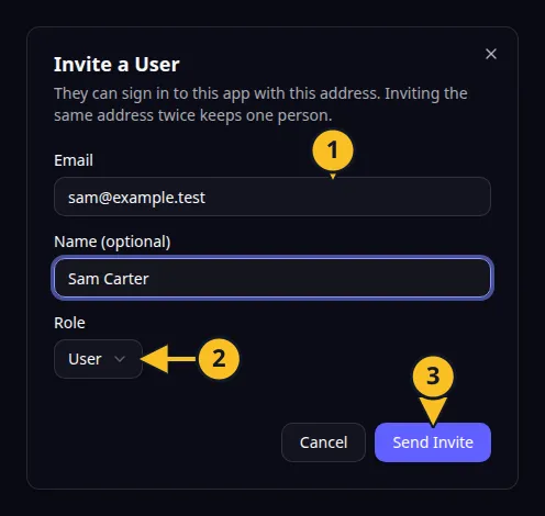 Inviter un utilisateur : 1, adresse e-mail ; 2, rôle ; 3, Envoyer l’invitation.