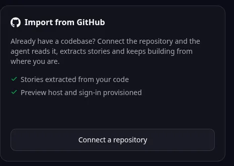 Dans le navigateur, « Connecter un dépôt » lance un import depuis GitHub. Suivez le guide pour une conversion locale avec MCP ou une vérification à une étape ultérieure.