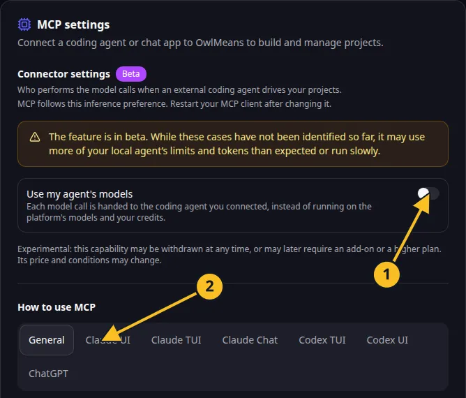Paramètres MCP OwlMeans : 1, préférence d’inférence ; 2, onglets de configuration des clients.