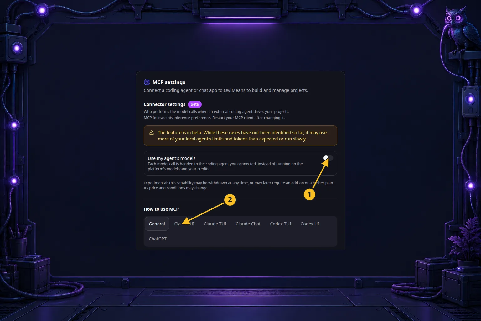 Vue d’ensemble d’OwlMeans MCP : interface réelle dans un cadre décoratif