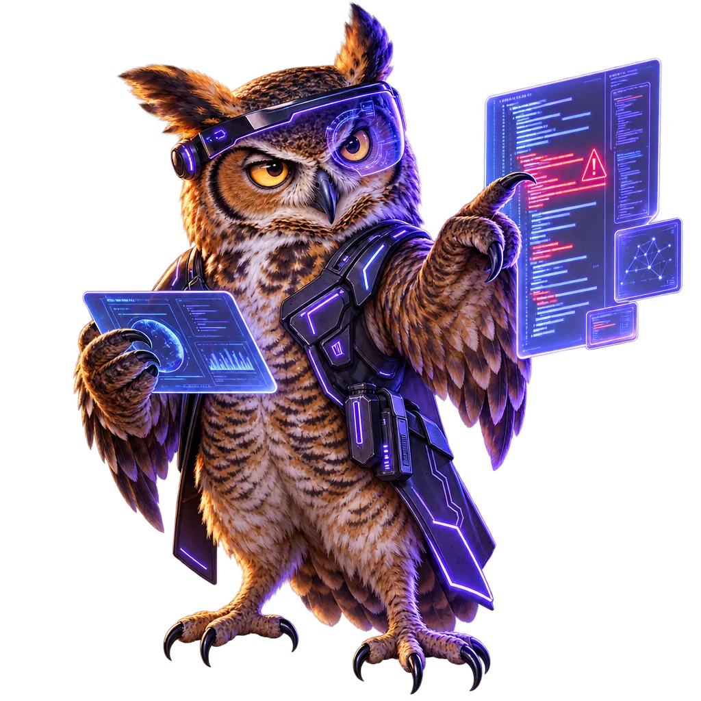 Un hibou analyste OwlMeans examine du code et un graphique