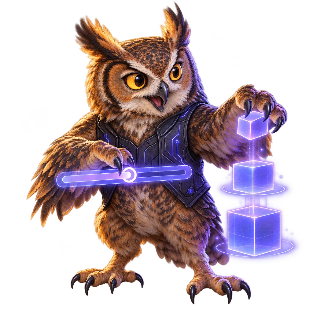 Un hibou empile des blocs lumineux de travail et fait le total de l’estimation