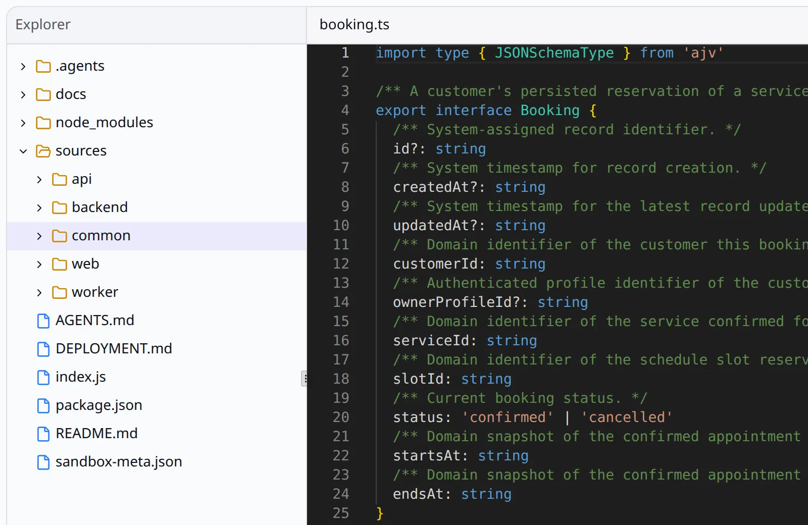 Le dépôt généré de l’app de Pierre dans l’éditeur de code d’OwlMeans Platform, ouvert sur le modèle commun des réservations