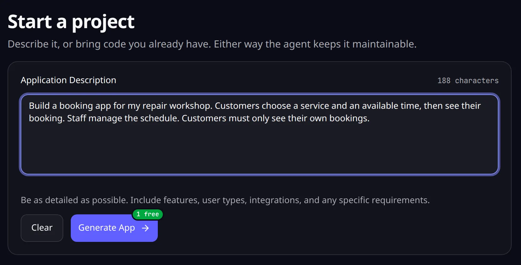 L’écran de création de projet dans OwlMeans Platform, avec la demande de Pierre saisie comme description de l’application