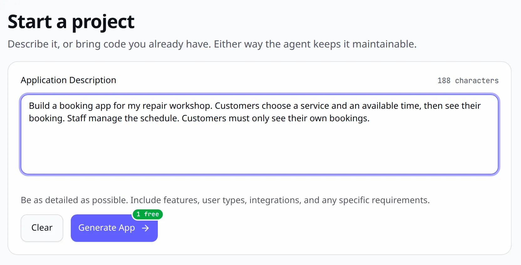 L’écran de création de projet dans OwlMeans Platform, avec la demande de Pierre saisie comme description de l’application