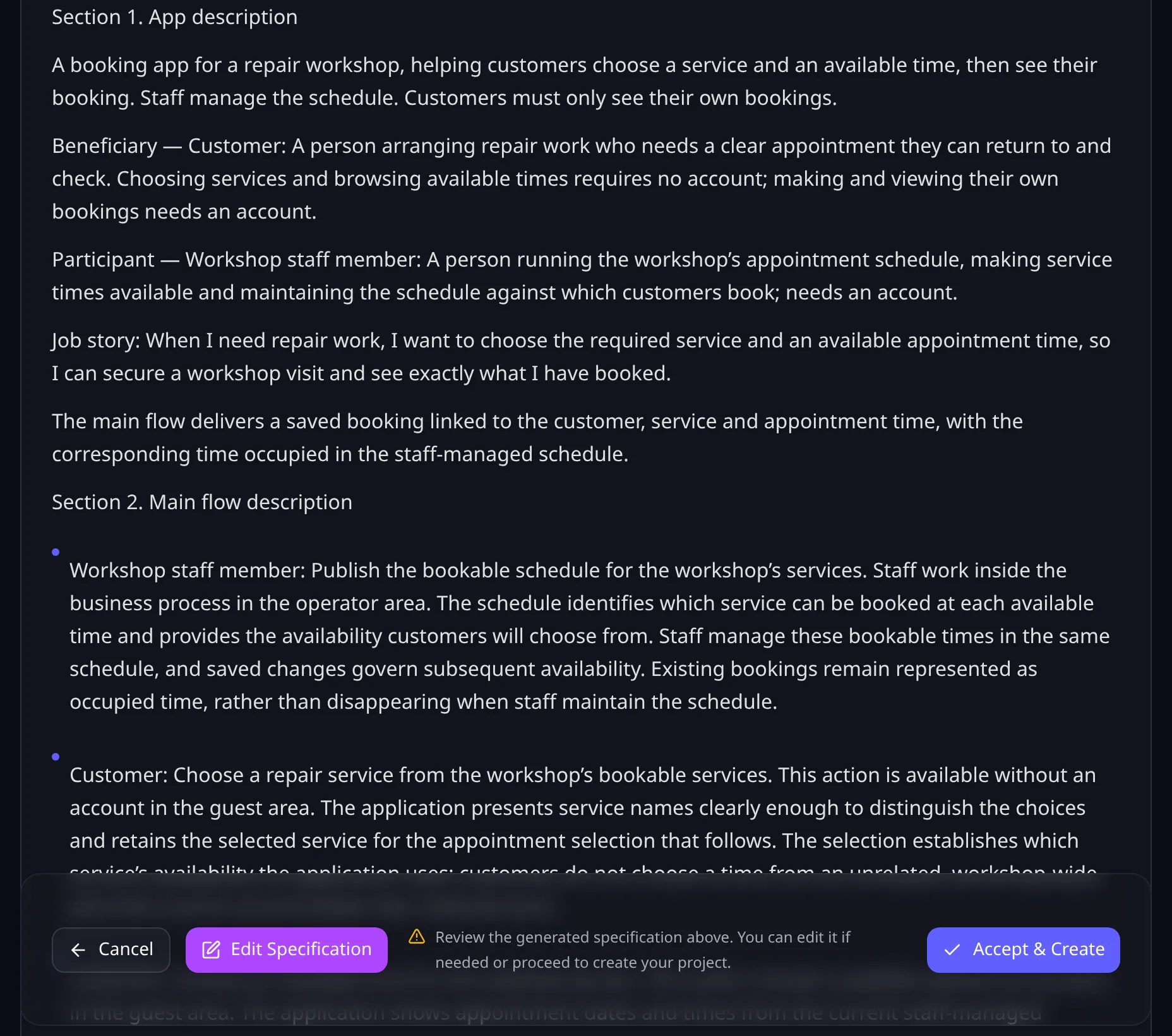 La spécification de l’app de Pierre dans OwlMeans Platform, avec les boutons pour la modifier ou l’accepter