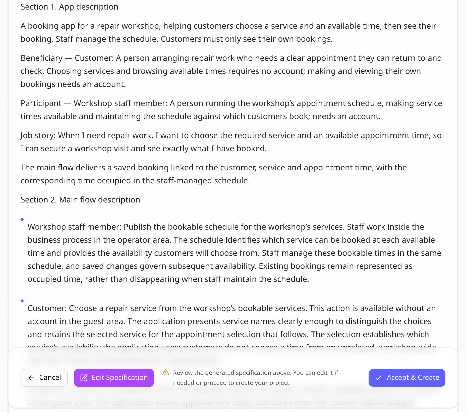 La spécification de l’app de Pierre dans OwlMeans Platform, avec les boutons pour la modifier ou l’accepter