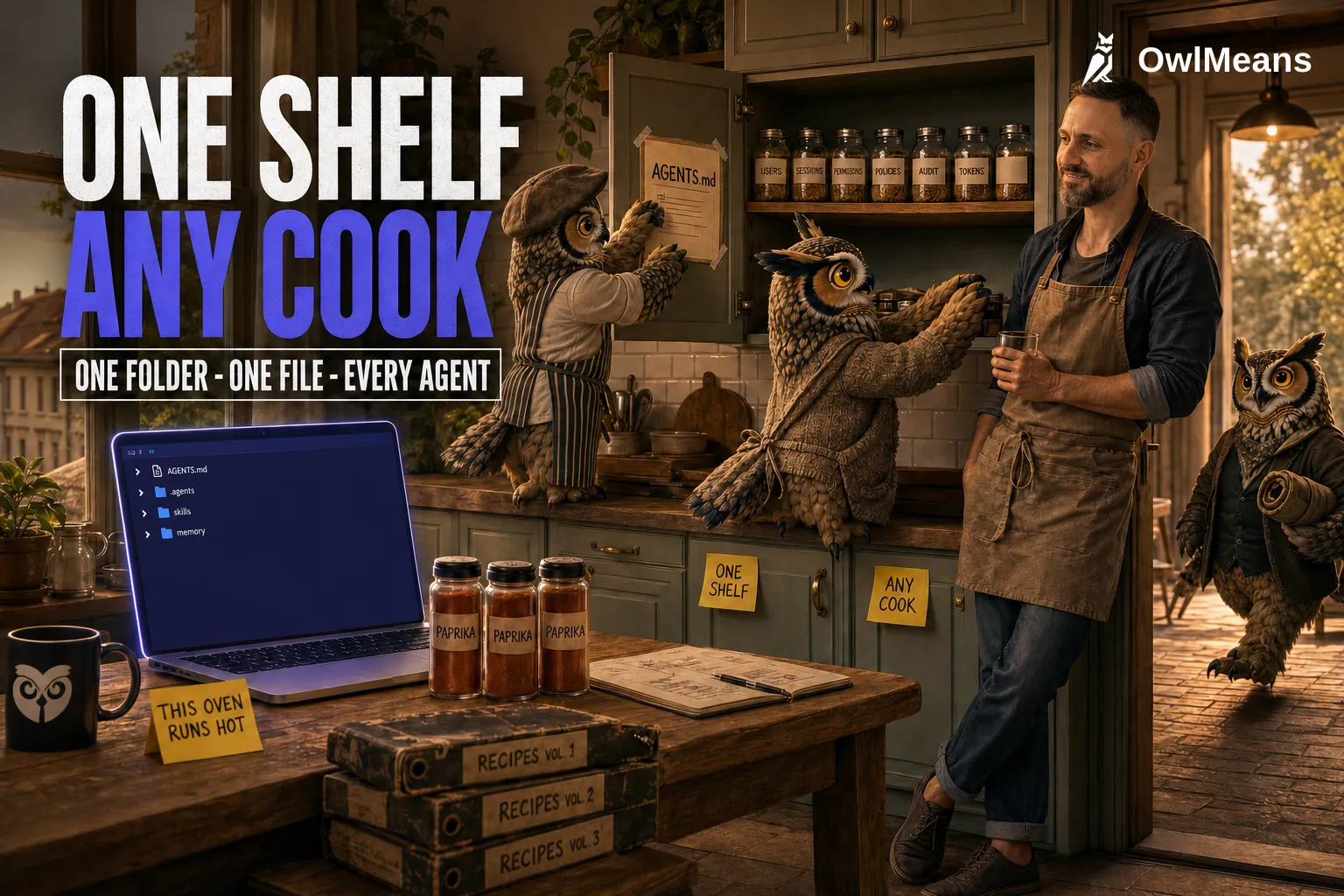 A golden-hour European apartment kitchen — a relaxed founder with a glass watches three casually-dressed OwlMeans owls work: one in a flat cap taping a laminated AGENTS.md card inside the cupboard door, one arranging labelled jars on a single shelf, one arriving with a knife roll; three identical paprika jars and three battered recipe binders sit aside, under a headline reading ONE SHELF / ANY COOK