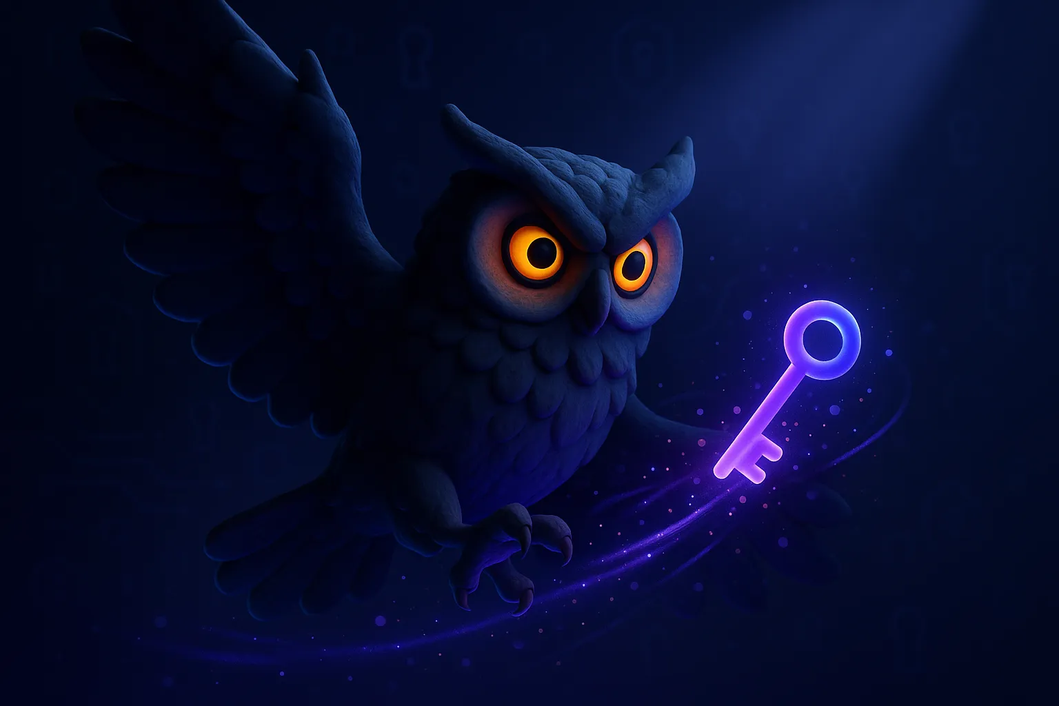A wise owl guarding a glowing key — identity built into the OwlMeans pipeline