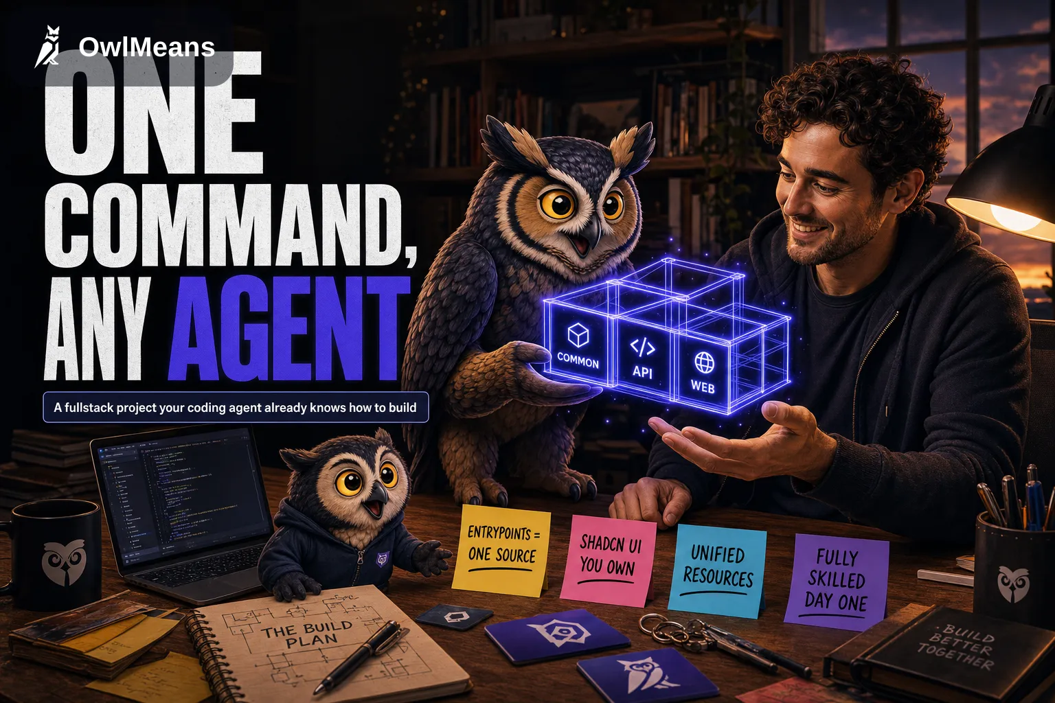A founder at a glowing desk beside a great-horned owl; a single terminal line reads create @owlmeans/app, and from it three connected panels light up labeled COMMON, API, WEB, with small tags reading ENTRYPOINTS, SHADCN UI, RESOURCES, SKILLS