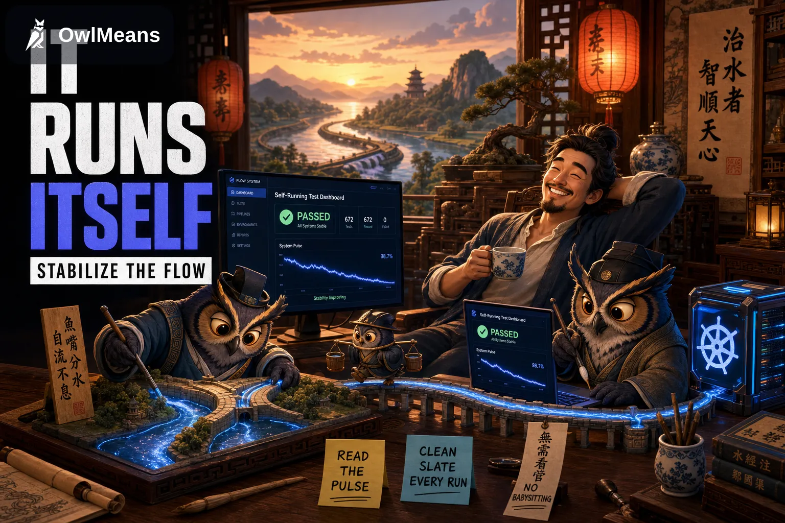 An early-evening scene blending an ancient Chinese study with a modern dev desk — a happy founder and cartoonish, China-robed OwlMeans owls tend a fish-mouth river model and a glowing Kubernetes cube; headline reading IT RUNS ITSELF
