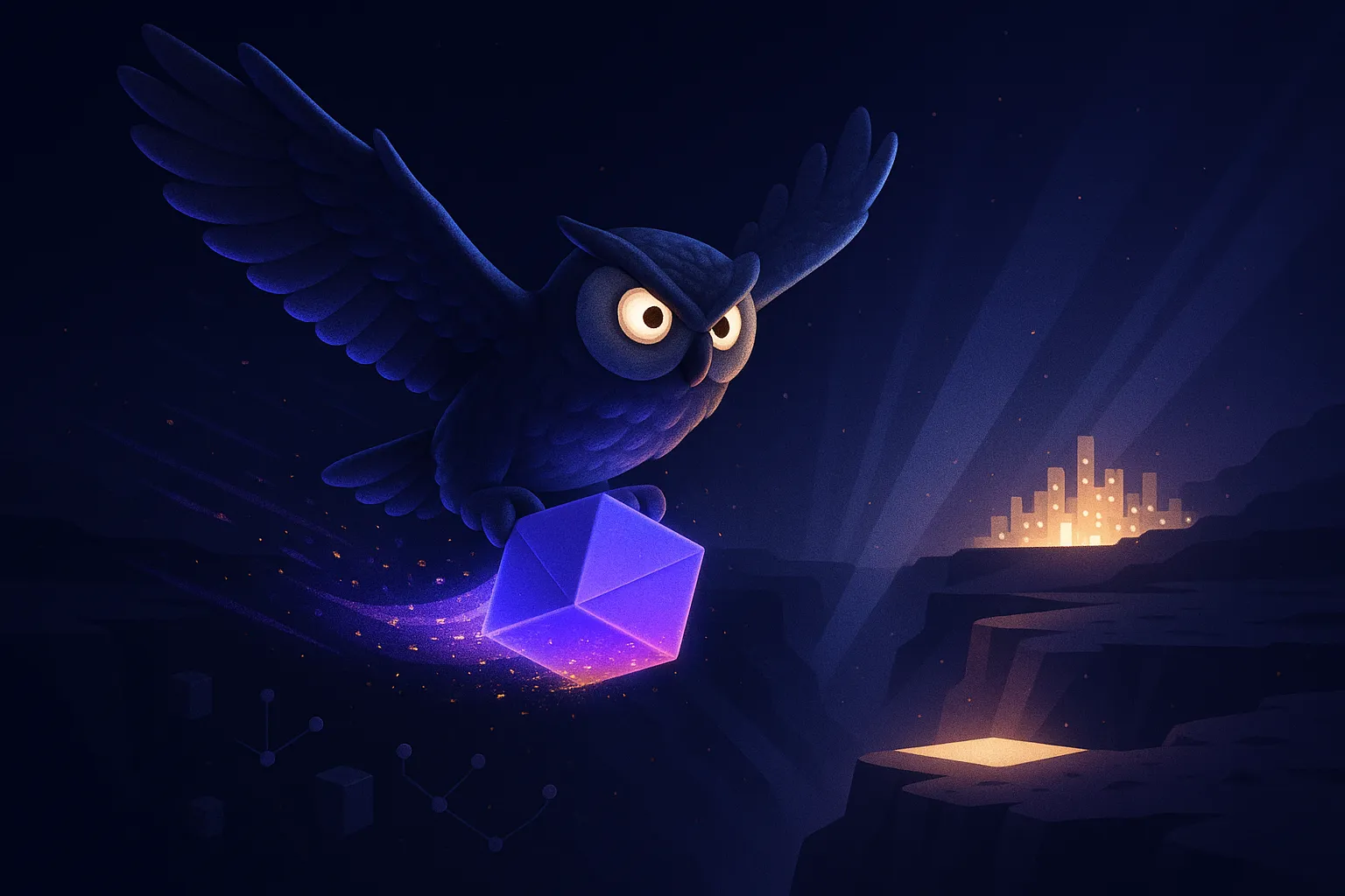 An owl carrying a glowing package across a chasm toward a lit destination