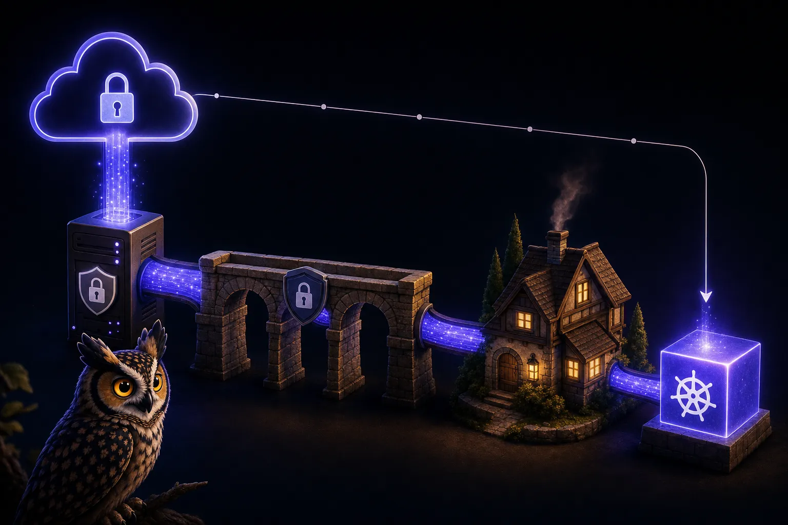Cloudflare's cloud glyph at the upper left connects down through a relay server, a stone tunnel arch (the encrypted WireGuard tunnel), and a small house — the home server — to a glowing cube bearing the Kubernetes helm; the OwlMeans owl watches from the corner