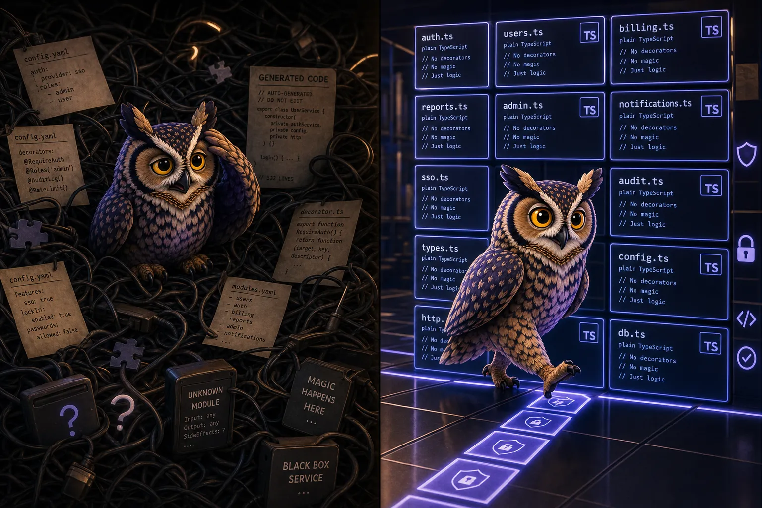A split illustration: on the left a tangled dark maze of decorators, YAML files and generated code with a small confused owl; on the right a clean indigo grid of labeled plain-TypeScript blocks the owl walks straight through