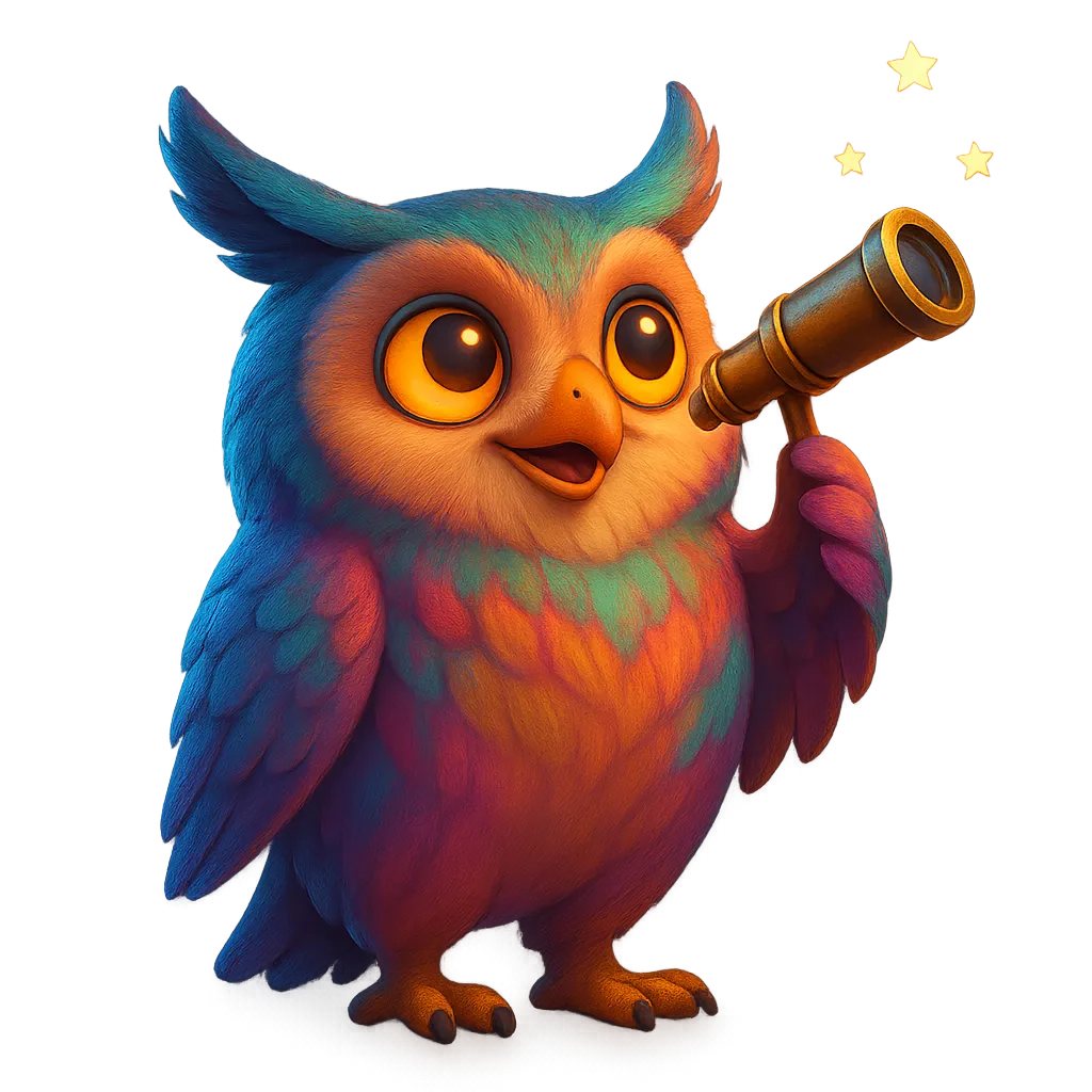 An OwlMeans owl peering ahead through a telescope